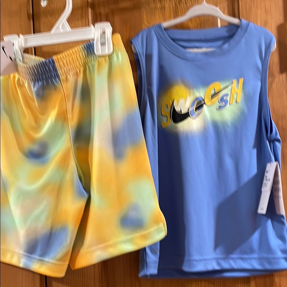 Nike 2 piece Shorts & Sleeveless Shirt Blue Yellow Swoosh Set pull on size 7